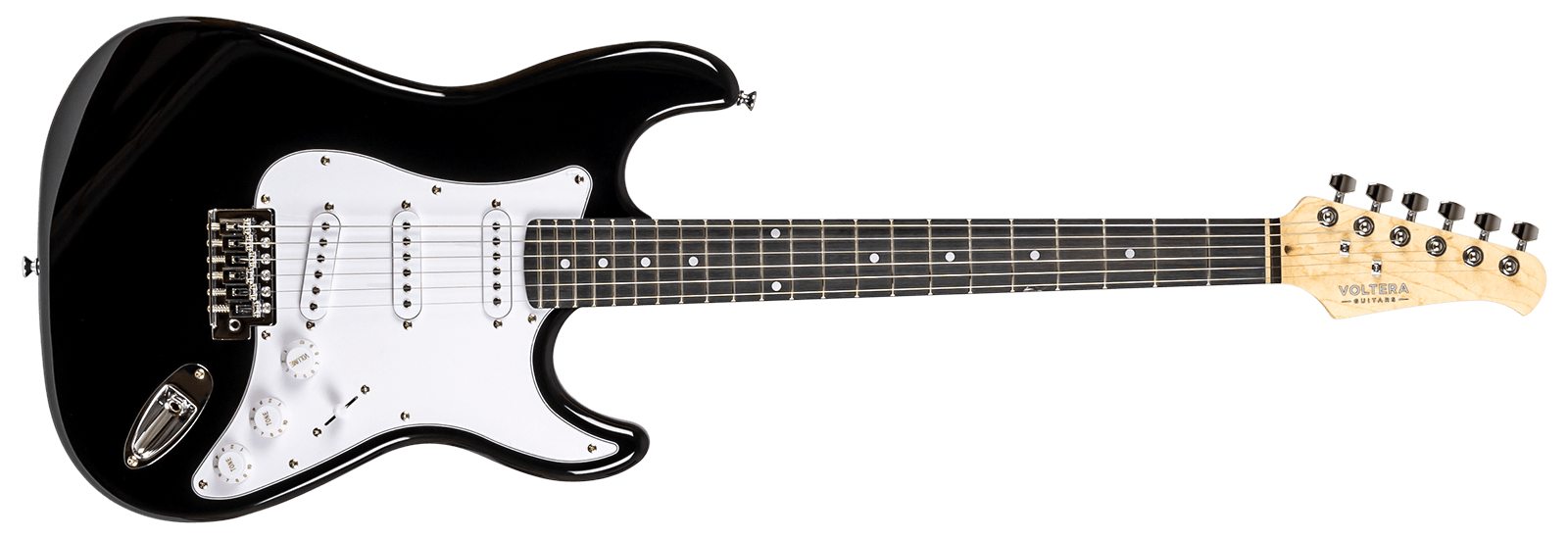 Voltera VS-300 BK Black electric guitar with S-type body and triple single-coil pickups.