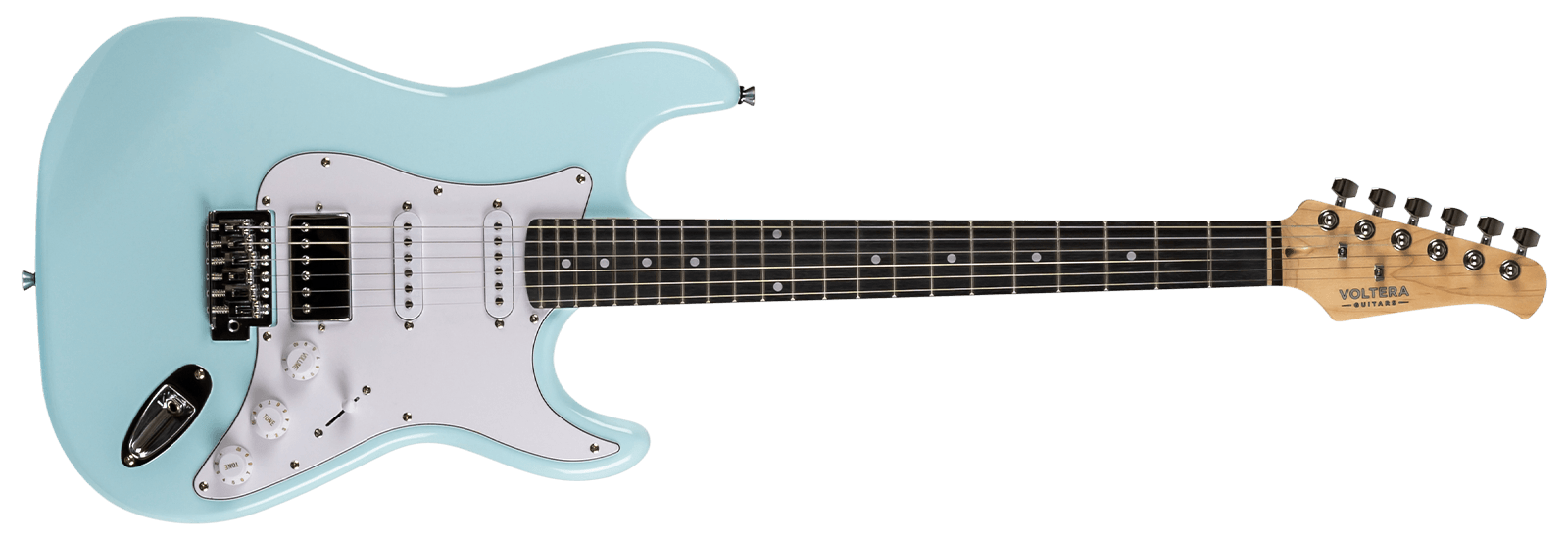 Voltera VS-400 SBL Sonic Blue electric guitar with HSS pickup configuration and white pickguard.